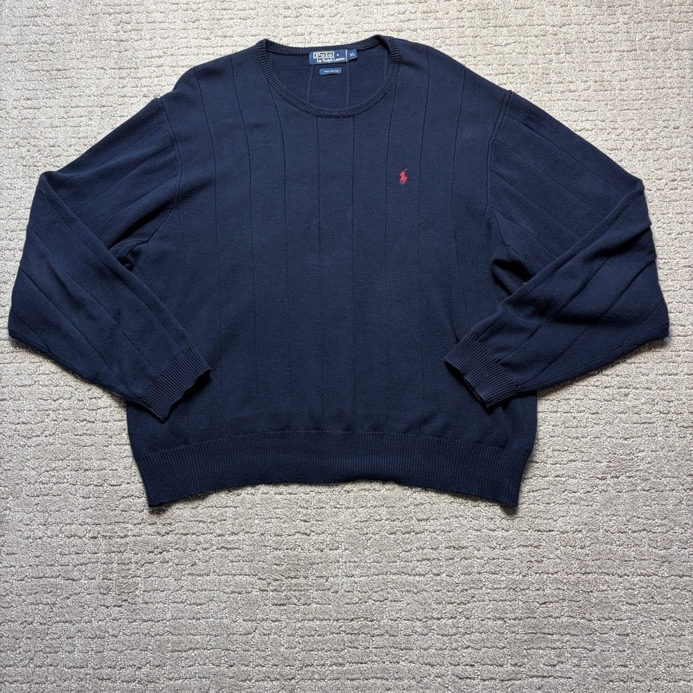 VINTAGE Polo Ralph Lauren Blue Crewneck Knit Sweater Ribbed L Cotton 90's Preppy